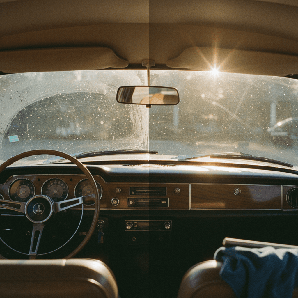 Car windshield interior glass before and after professional cleaning