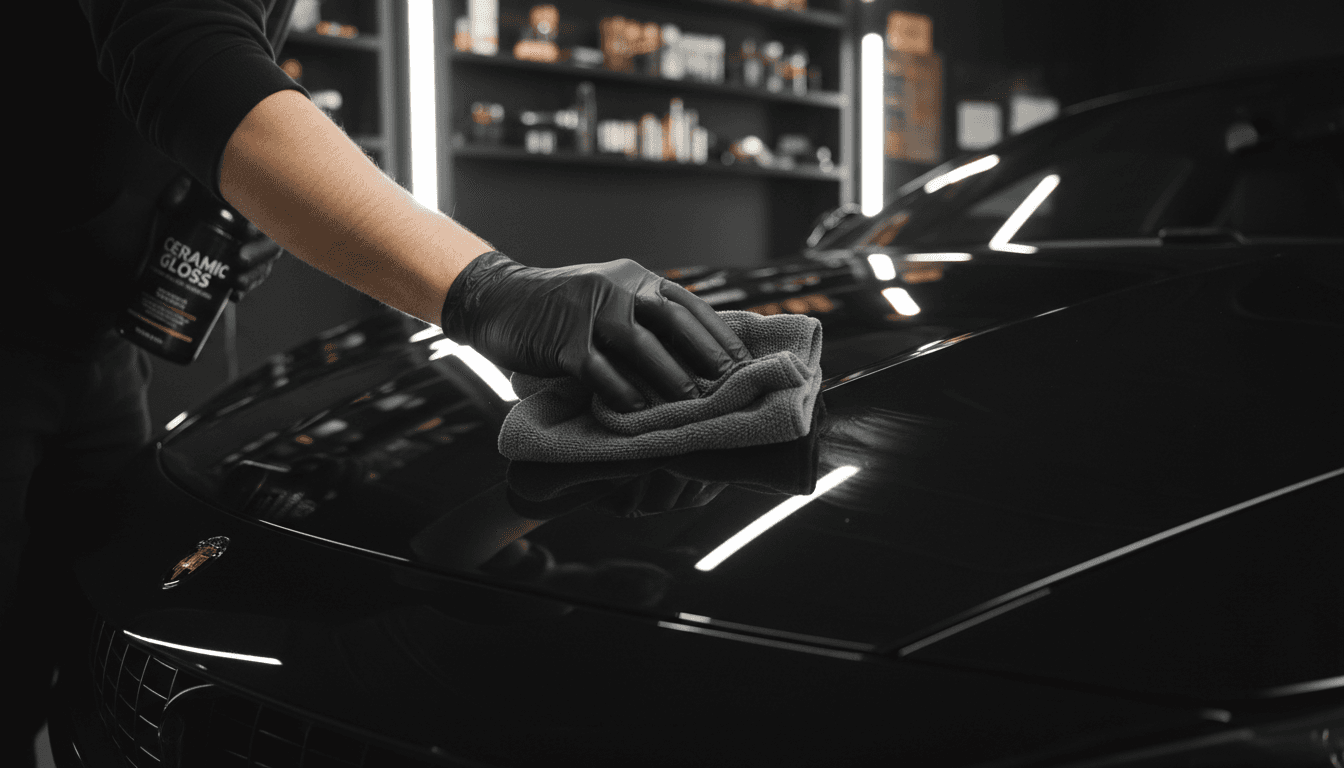 Technician applying premium coating to luxury vehicle
