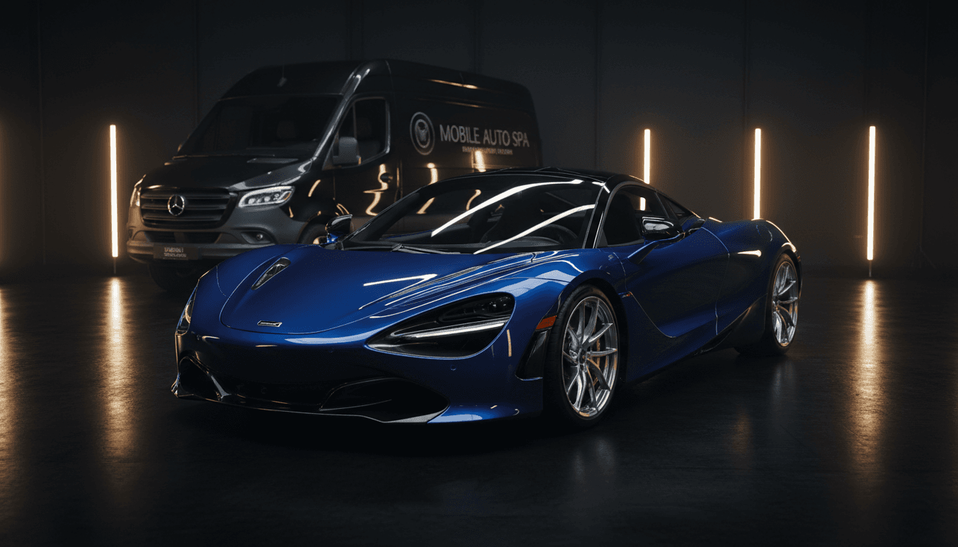 Luxury vehicle freshly detailed and gleaming under professional lighting