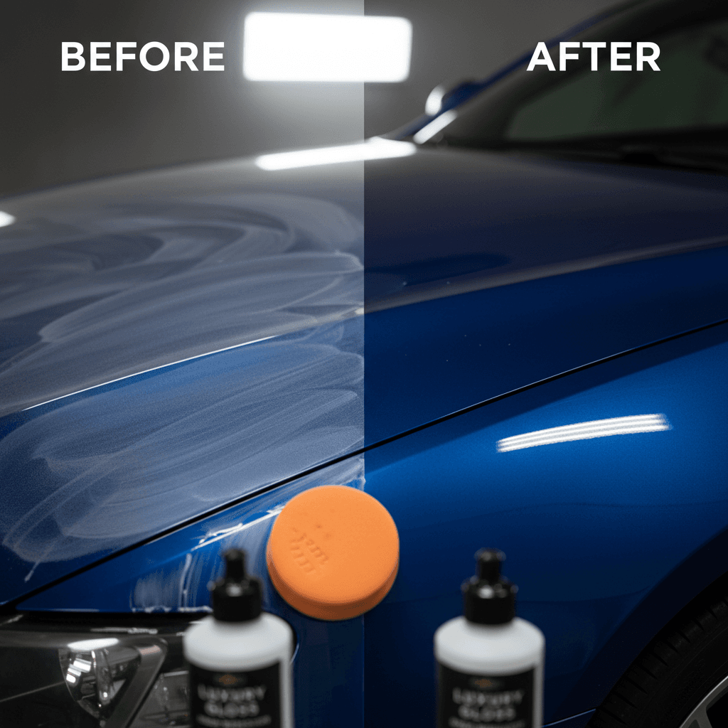 Car paint correction and polish transformation close-up