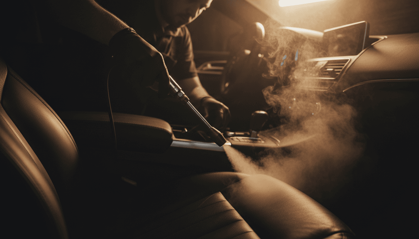 Technician using advanced steam technology to detail luxury car interior