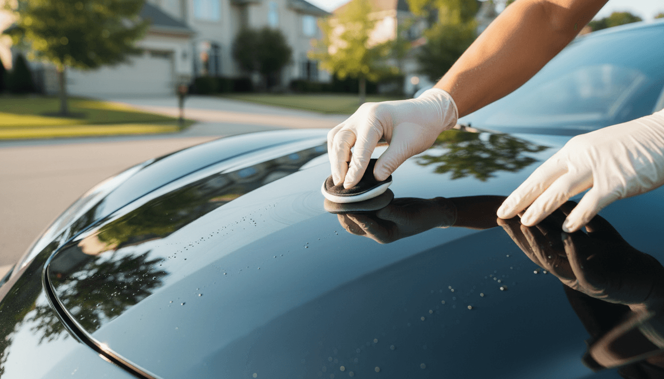 Close-up of expert detailing technique on premium vehicle surface