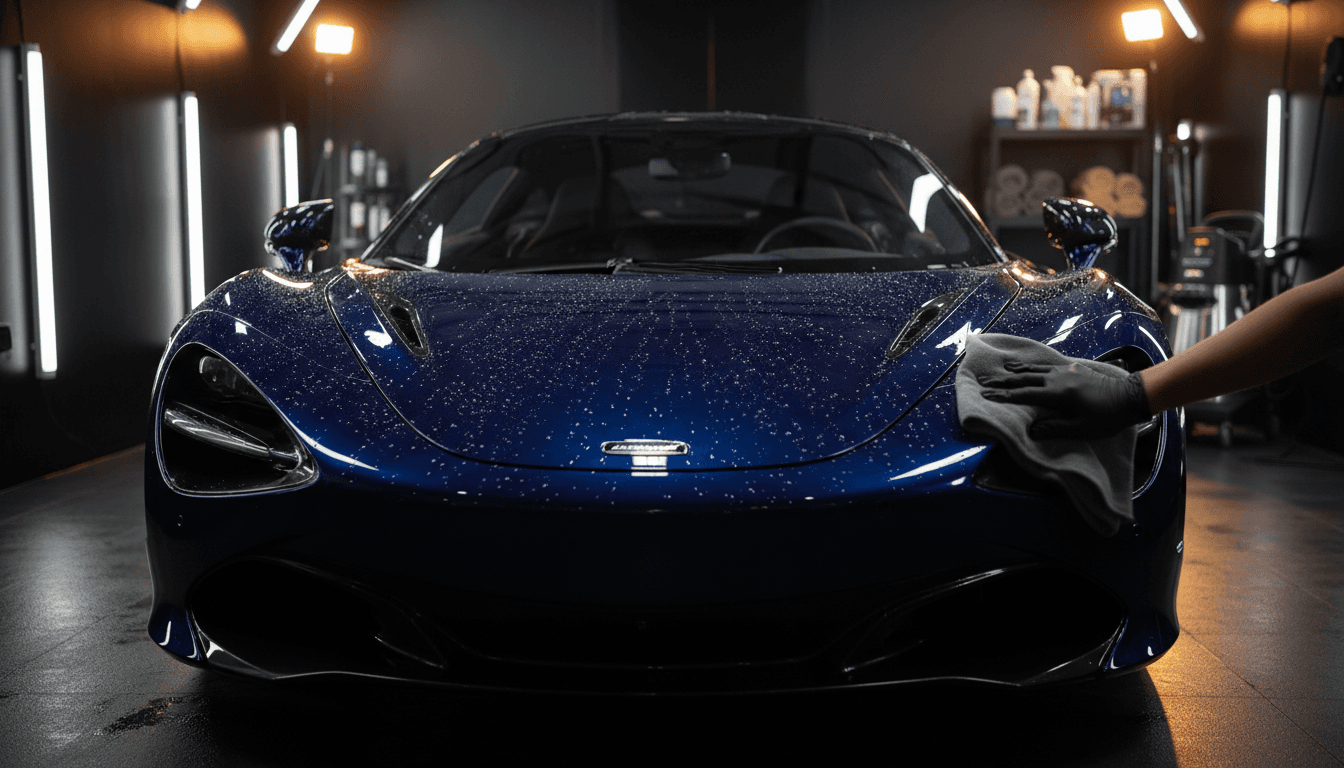 Luxury vehicle being detailed with precision polishing technique in premium mobile spa setting