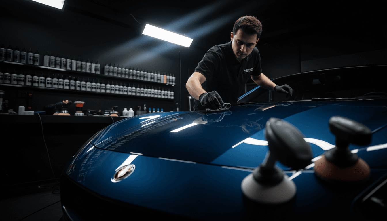Applying ceramic coating to luxury car exterior