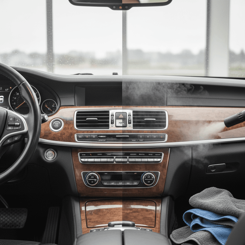 Car dashboard interior before and after professional restoration