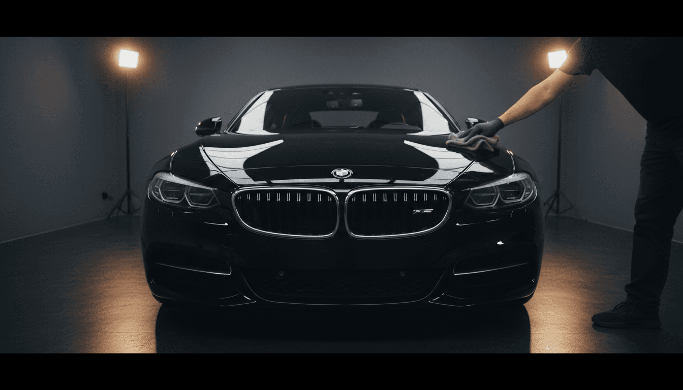 Premium luxury vehicle being polished with professional detailing technique under dramatic studio lighting