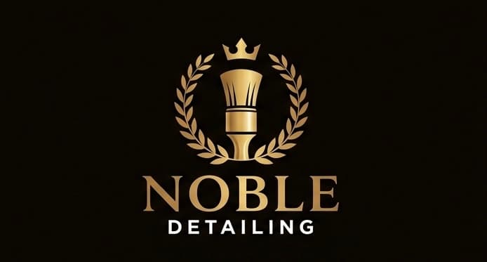 Elegant gold Noble Detailing logo with a brush, crown, and laurel wreath on black.
